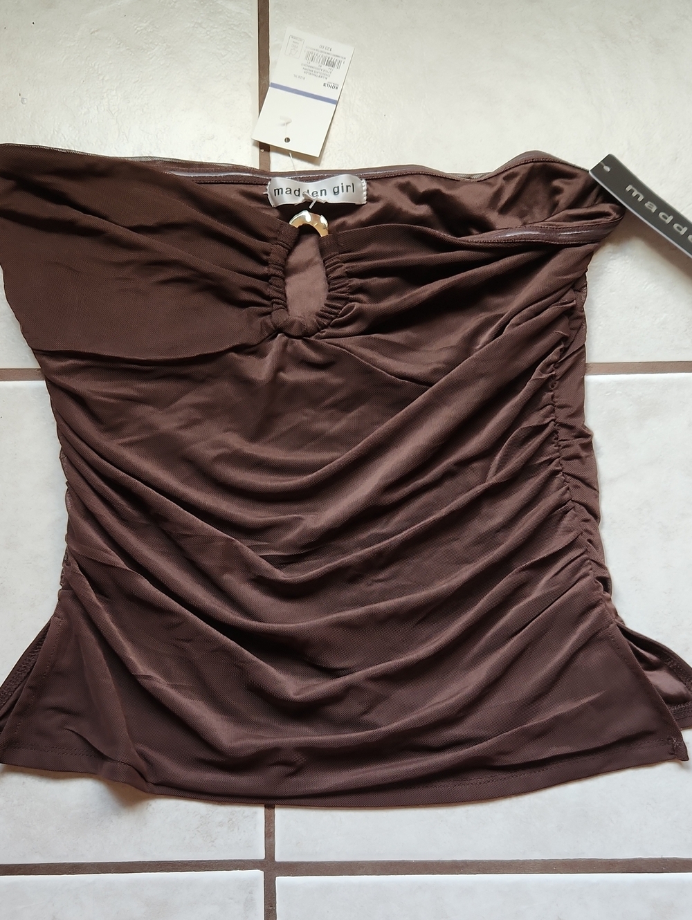 Madden Girl Brown Ruched Off-Shoulder Crop Top with Ring Detail